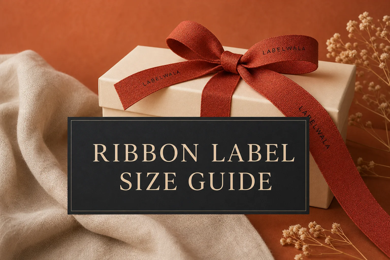 Rust-red Labelwala woven ribbon on a cream gift box