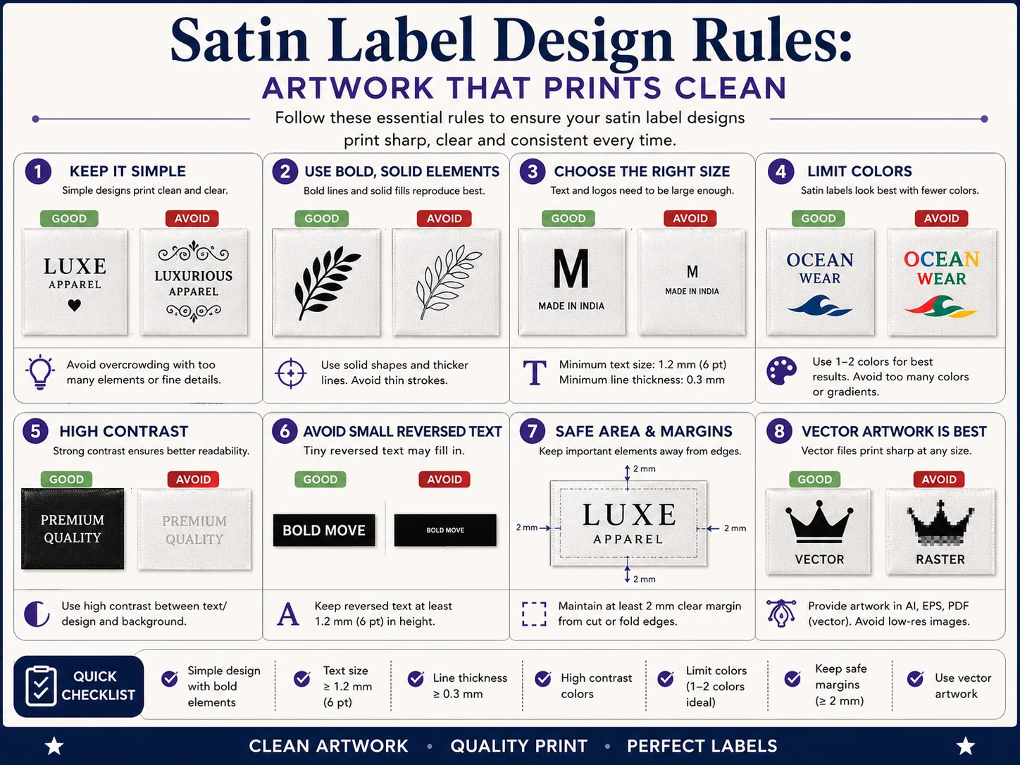 Infographic showing eight satin label artwork rules, including simple designs, bold elements, readable sizing, limited colors, high contrast, safe margins and vector artwork