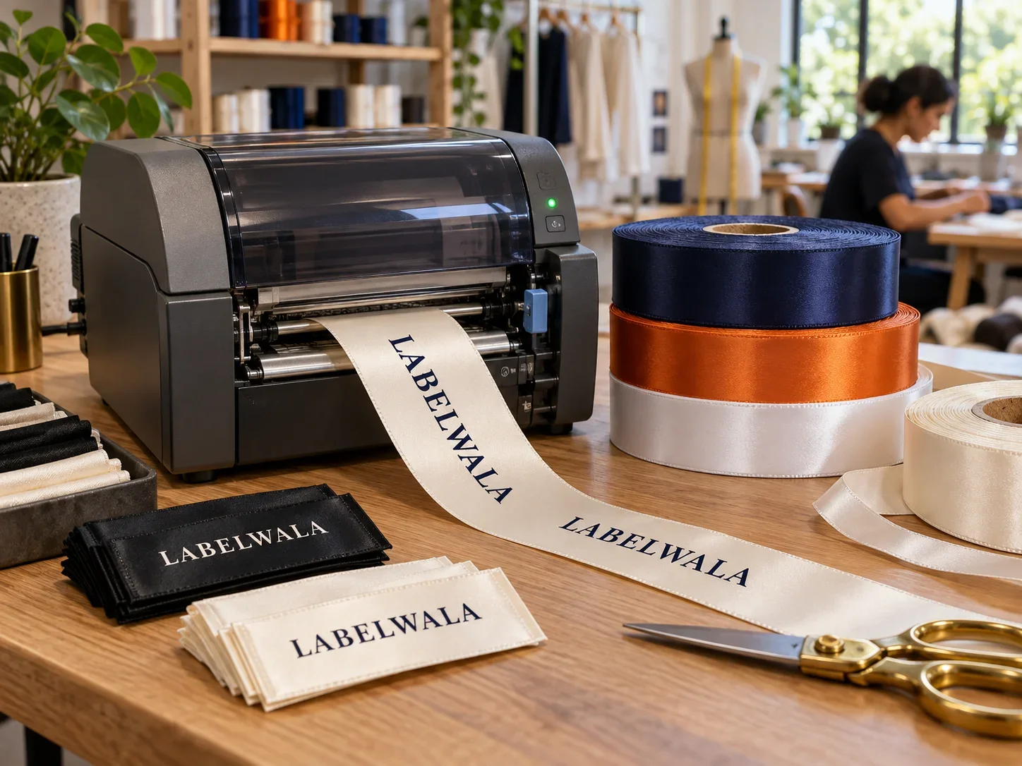 A satin label printer, printed ribbon and finished samples photographed on a textile studio workbench.