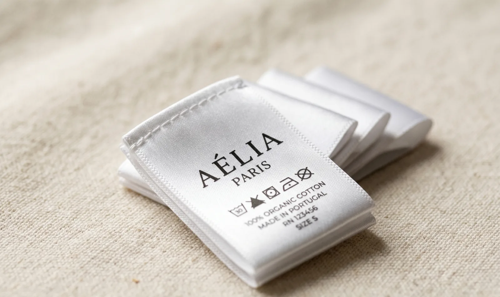 Stack of satin printed labels with brand name, care symbols and size — example of a premium satin printed label for fashion brands