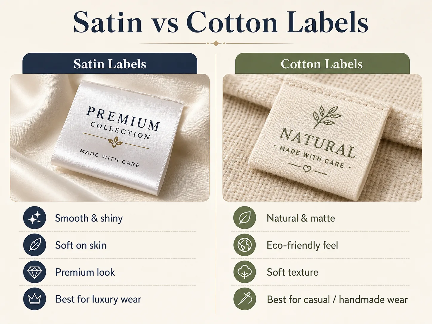 Satin printed label vs cotton woven label on cream fabric — synthetic glossy finish next to natural matte cotton, illustrating the eco-vs-vivid trade-off