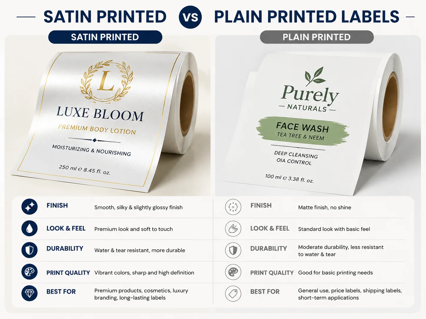 Side-by-side comparison of a satin printed label, a taffeta printed label and a heat-press transfer print — three printed label methods on the same garment