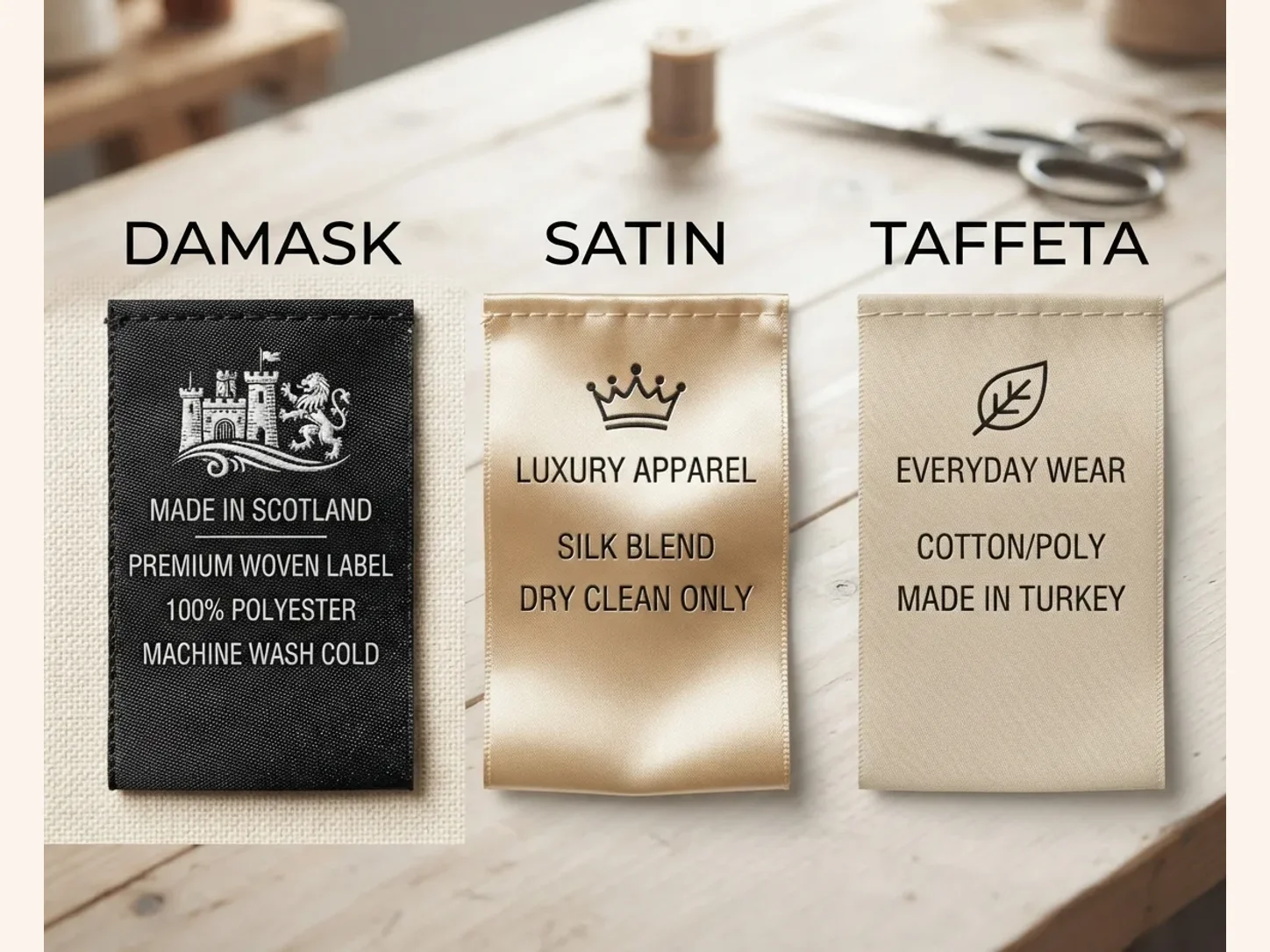 Damask, satin and taffeta label samples photographed side by side to show their different textures.