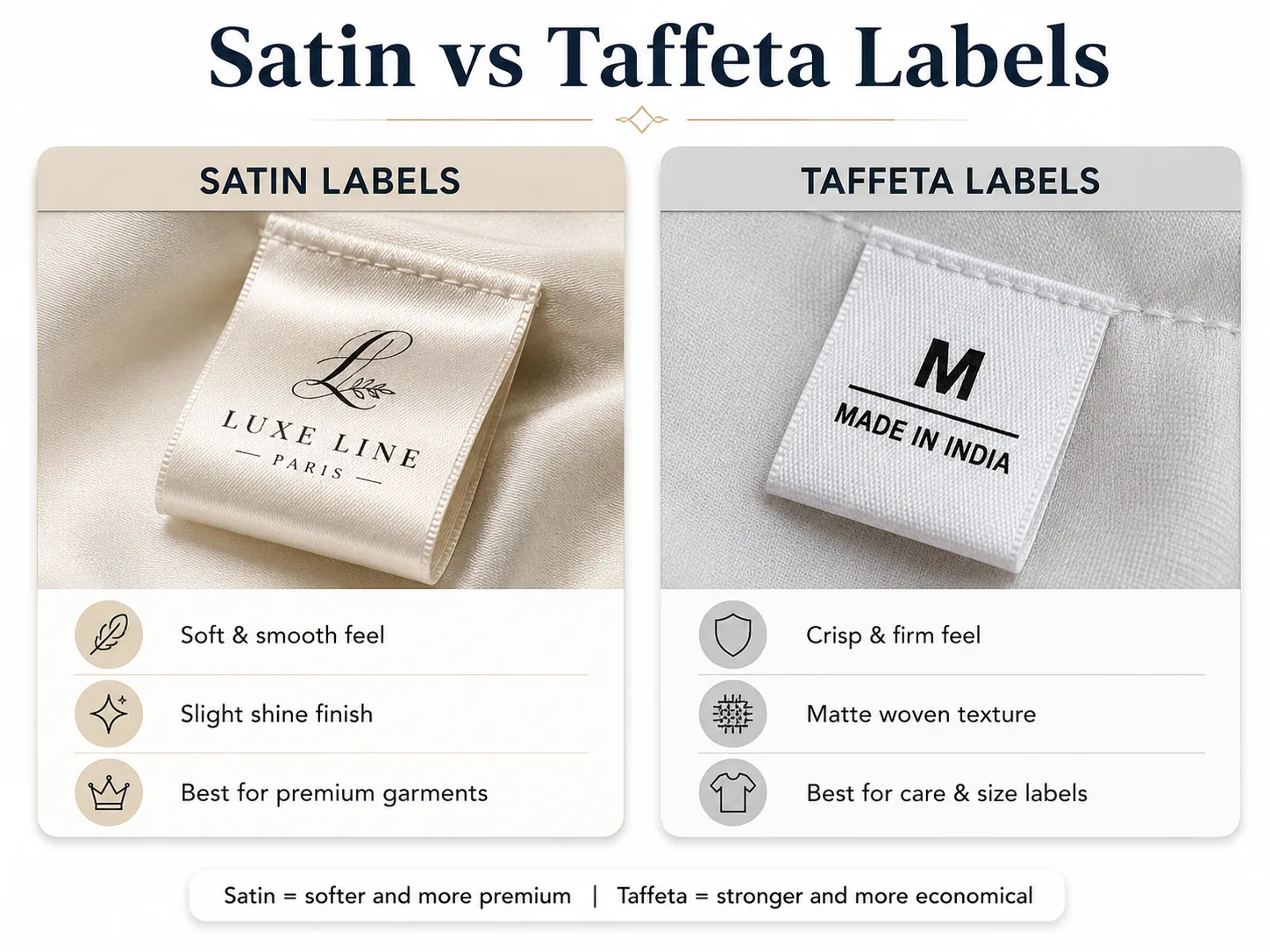 Satin printed label next to a taffeta printed label on neutral fabric — glossy soft satin face vs matte tight-weave taffeta, illustrating the print substrate trade-off