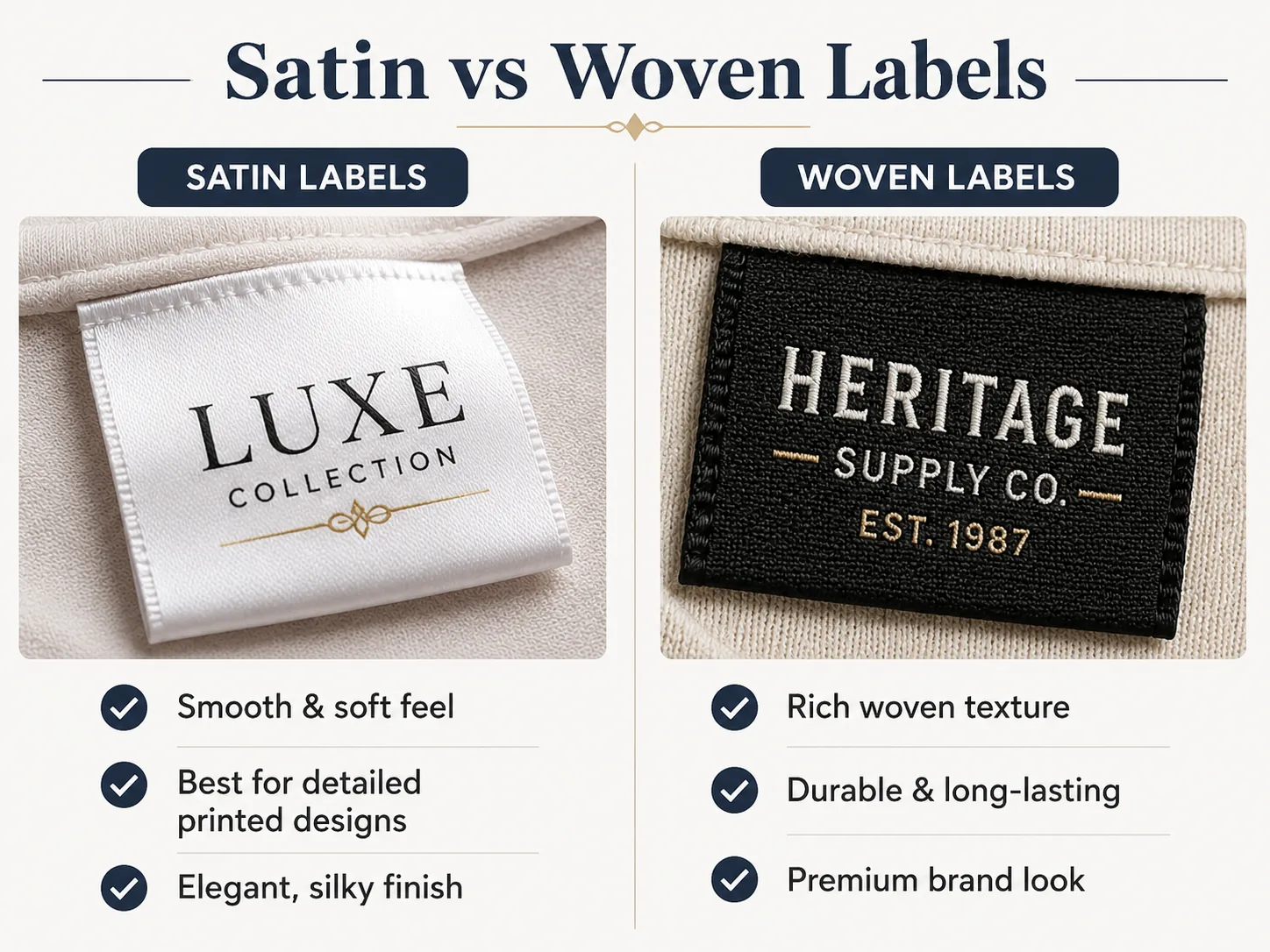 Three labels side by side on neutral fabric — a glossy satin printed label, a textured woven label, and the difference in finish, sheen and thread visibility