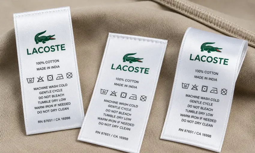 White satin wash care label on light blue fabric: ISO 3758 care symbols, multilingual 100% cotton fibre content, Made in India and OEKO-TEX mark