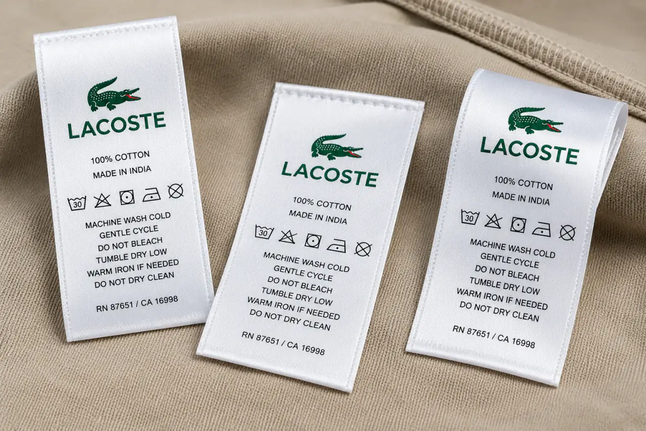 White satin wash care label on light blue fabric — ISO 3758 care symbols, multilingual 100% cotton fibre content, Made in India and OEKO-TEX mark