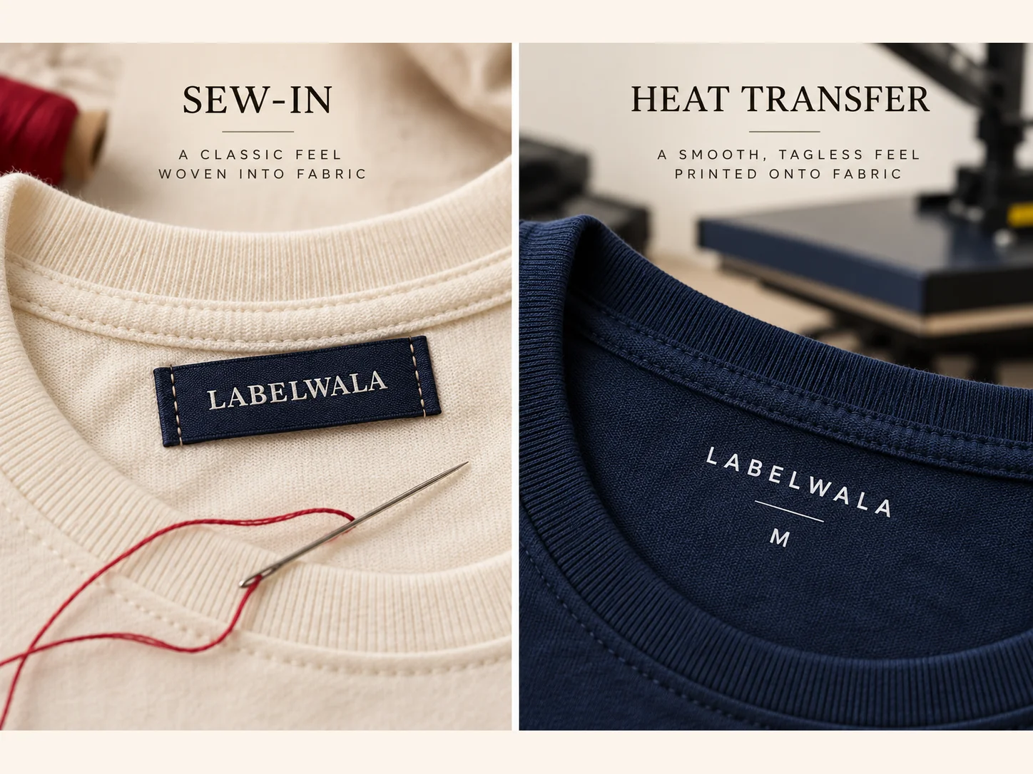 Side-by-side cream and navy shirt necklines comparing a stitched woven Labelwala tag with a flat tagless brand print.