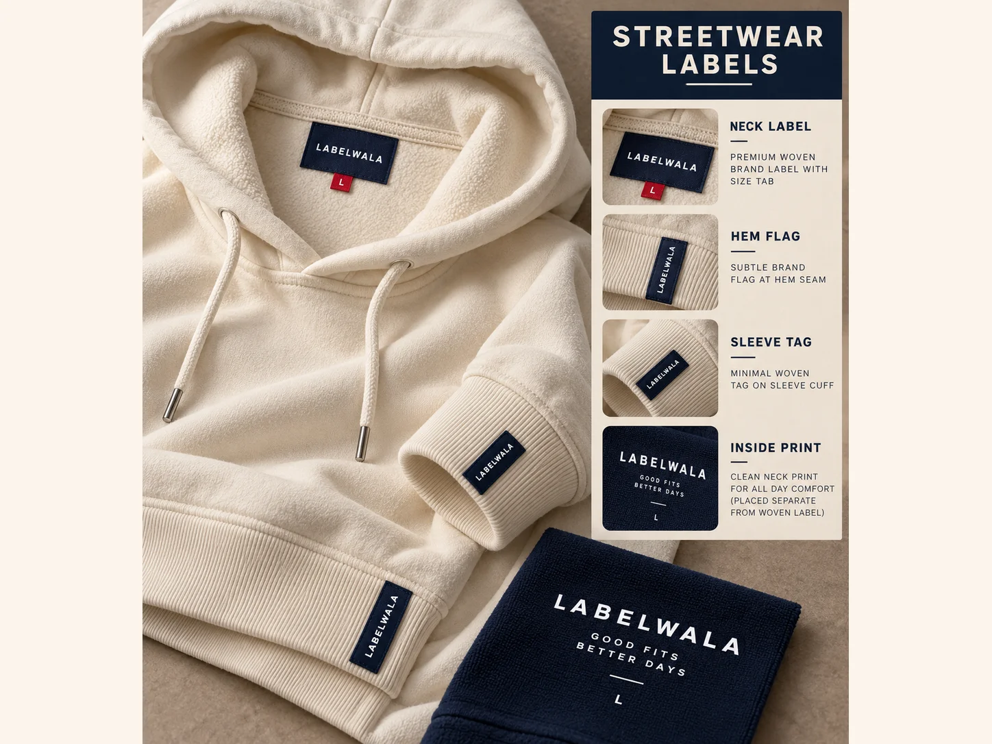 Cream fleece hoodie with Labelwala neck label, size tab, hem flag and sleeve tag beside an inside-print sample.