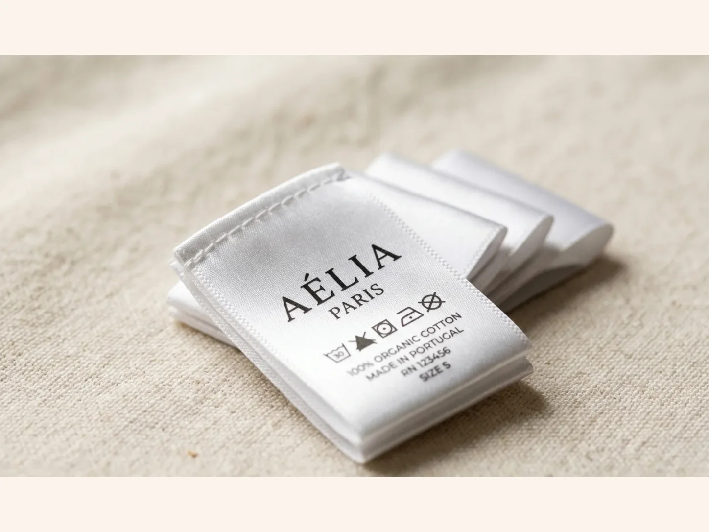 A stack of soft white printed satin garment labels photographed on cream fabric.