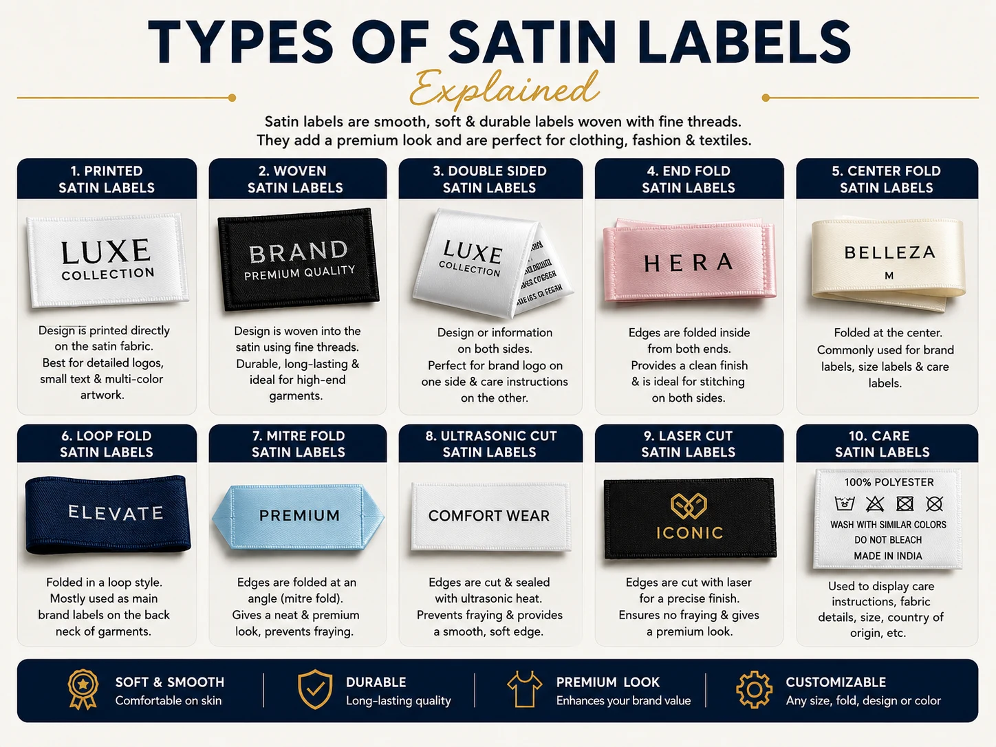 Infographic explaining ten types of satin labels, including printed, woven, double-sided, folded, ultrasonic-cut, laser-cut and care labels, with examples and descriptions