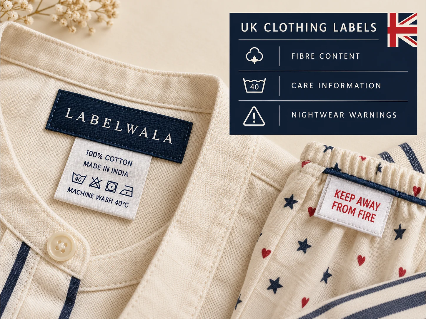 Cream garment labels beside a nightwear sample marked Keep Away From Fire and a UK clothing labels checklist.