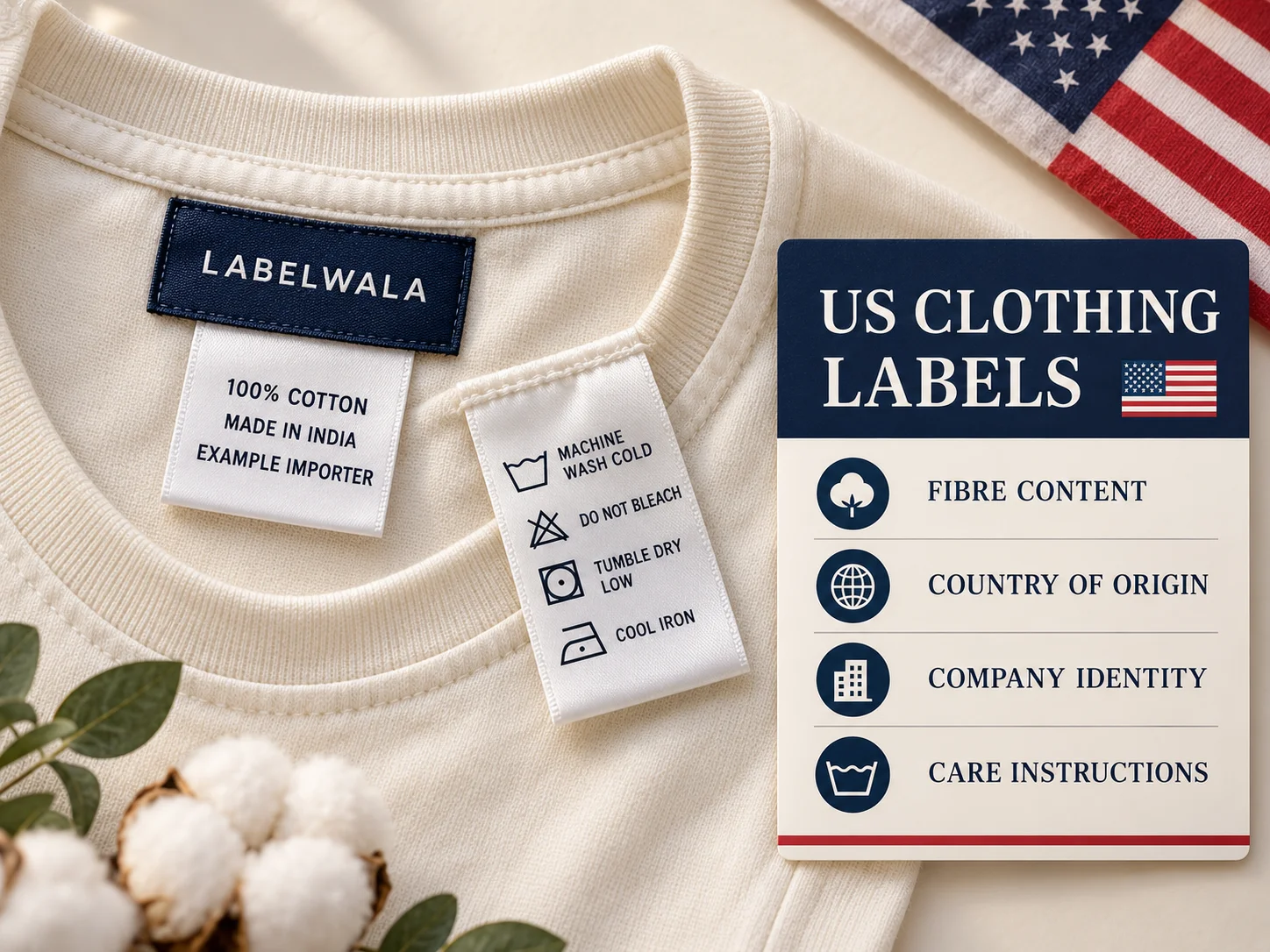 Cream garment with navy Labelwala brand label, sample cotton and origin label, care instructions and a US clothing labels checklist.