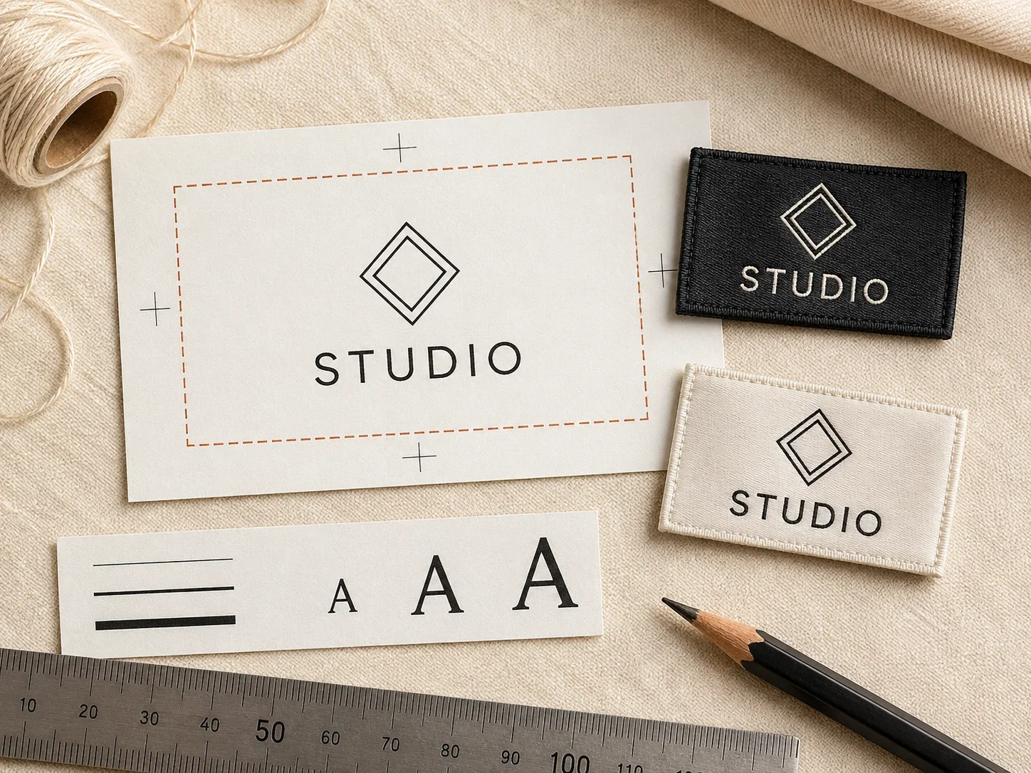 A printed artwork proof beside finished woven and printed labels, showing clear lettering and generous margins.
