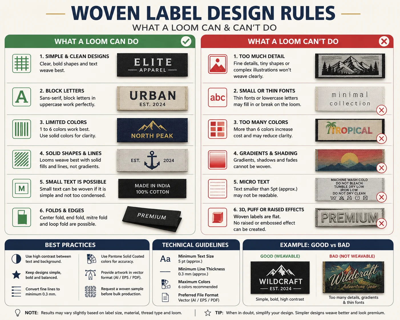 A woven label design rules infographic. A green what-a-loom-can-do column (simple designs, block letters, limited colours, solid shapes, small text, folds) beside a red what-a-loom-cant-do column (fine detail, thin fonts, too many colours, gradients, micro text, 3D effects), with technical guidelines and a good-versus-bad example