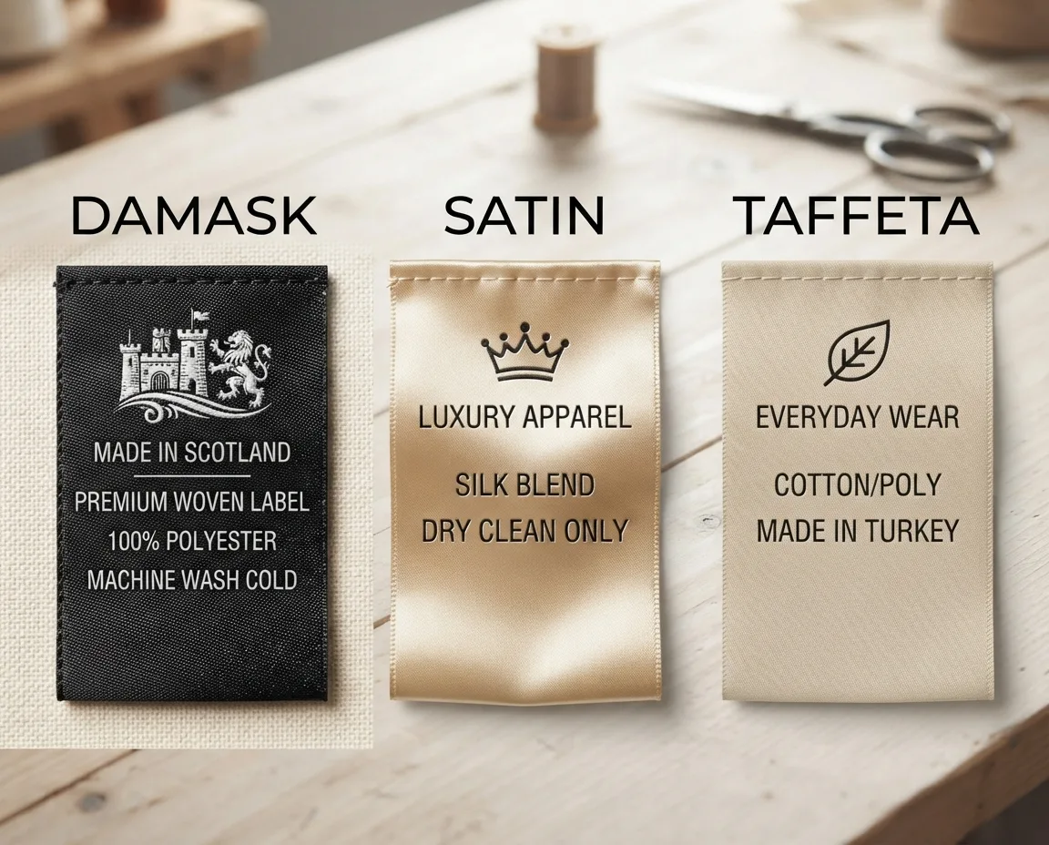 Three woven clothing labels side by side on a wooden table: a black damask label with a woven crest, a gold satin label with a crown, and a cream taffeta label with a leaf motif, comparing the three woven materials