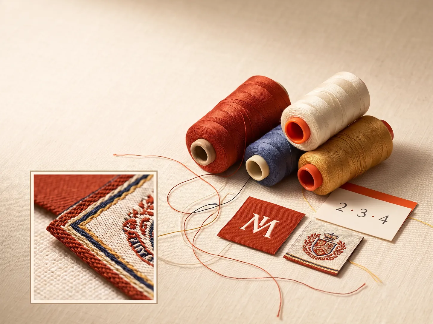 Woven label thread colour shades laid out side by side for matching against a colour reference