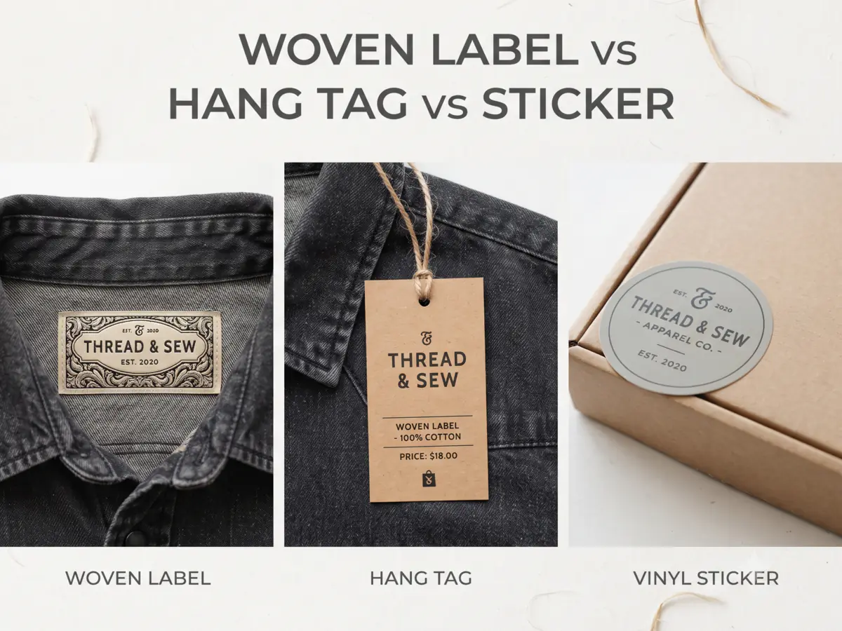 A woven neck label, a printed hang tag and a brand sticker side by side, showing where each branding element goes on a garment