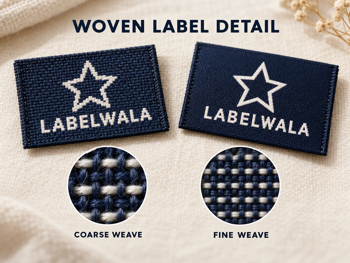 Coarse and fine woven Labelwala labels with macro insets comparing thread grids and edge detail.