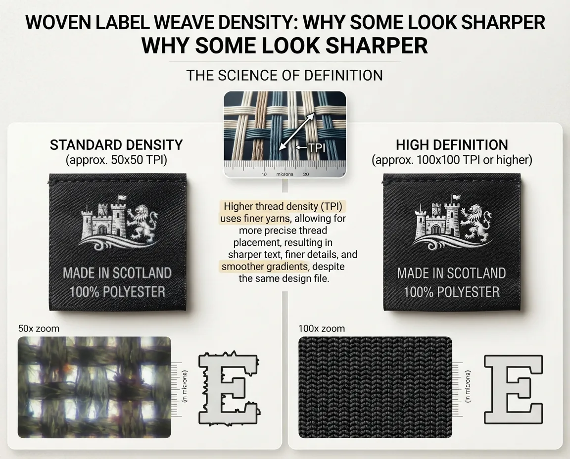 A comparison of a standard-density woven label (about 50x50 TPI) and a high-definition one (about 100x100 TPI) showing the same crest label, with zoomed insets of the letter E: blurred and jagged at low thread density, crisp and sharp at high density