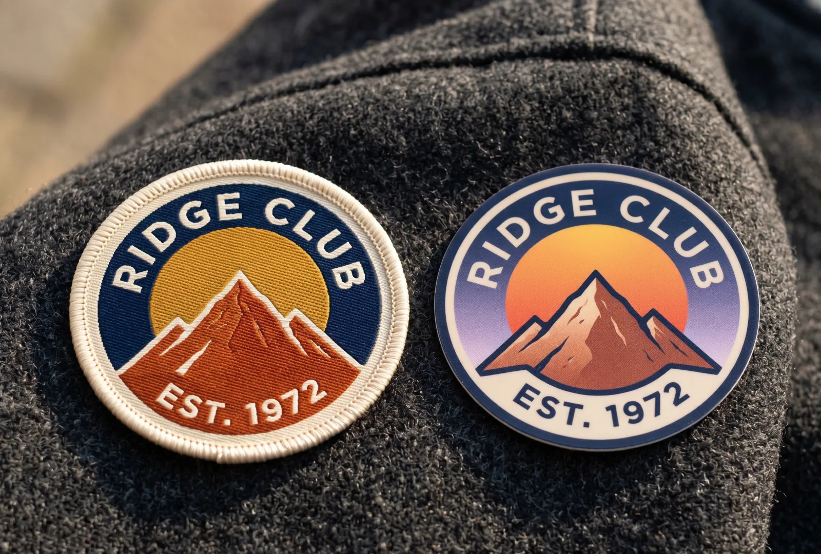 Two Ridge Club Est. 1972 mountain patches side by side on grey wool — embroidered woven patch with merrowed edge (left) and printed PVC-style patch (right) — showing the difference in texture and finish