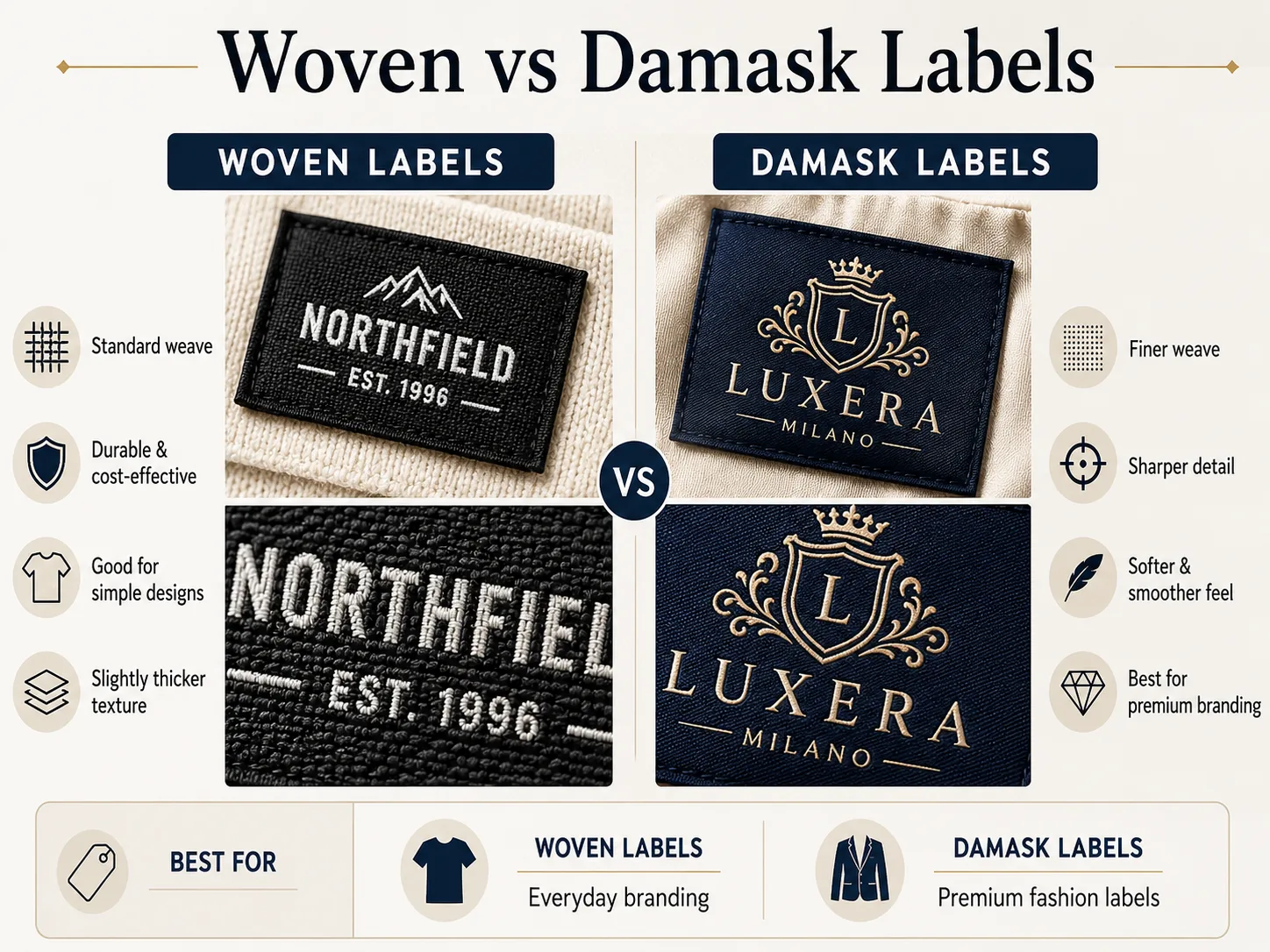 Standard woven label next to a damask woven label on cream silk — visible difference in thread density, sheen and detail clarity, illustrating the premium upgrade