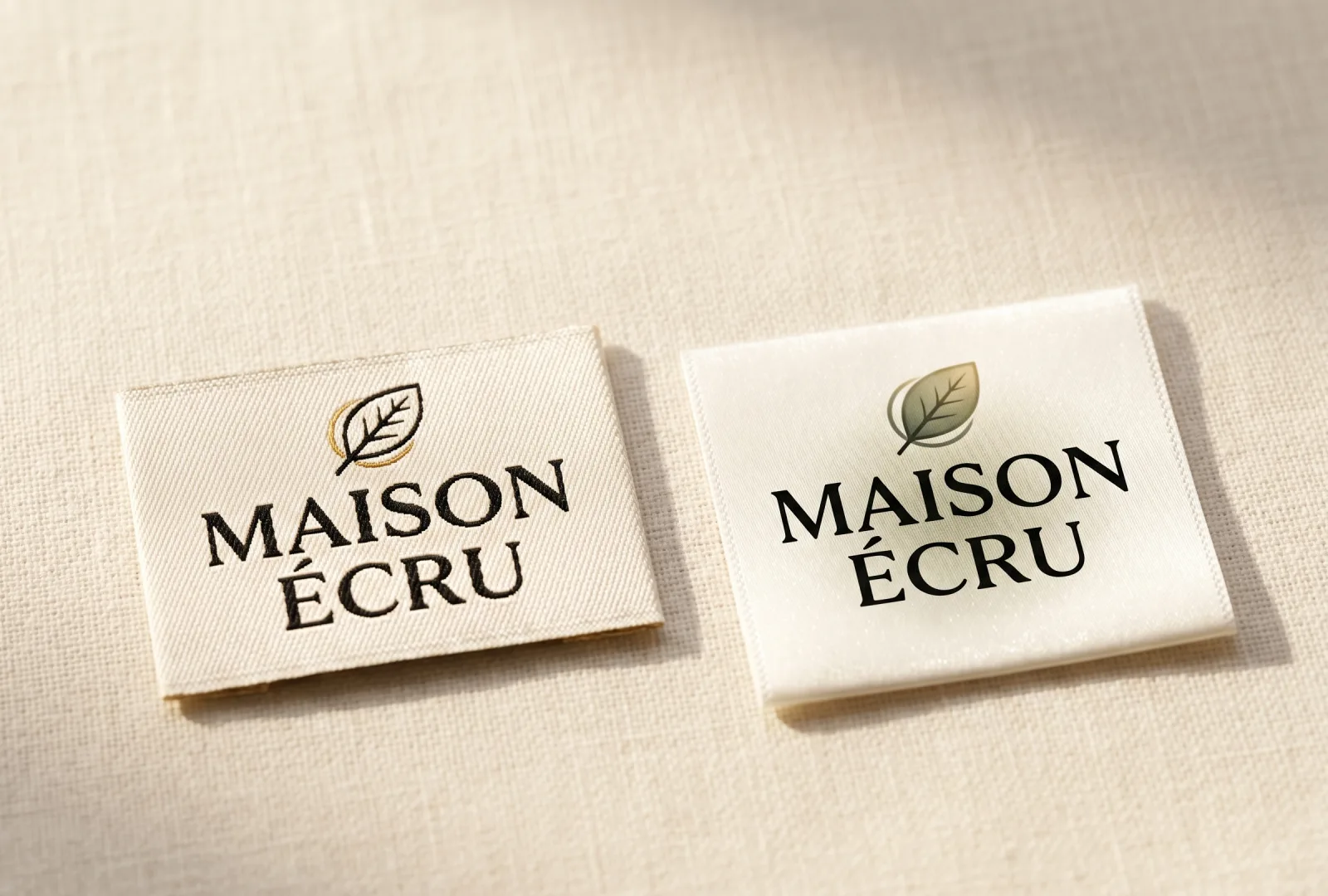 Two Maison Écru brand labels side by side on cream linen — woven label with embroidered leaf and text (left) and printed satin label (right) showing the difference in texture and finish
