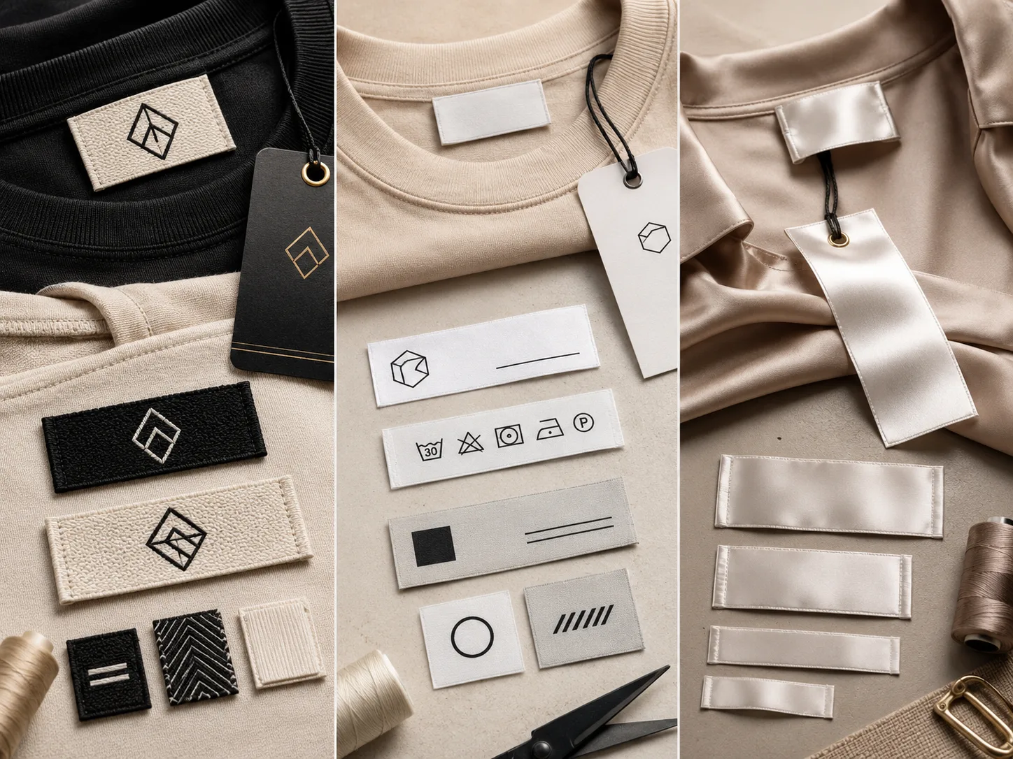 Three clothing labels side by side — a woven brand label, a satin printed label and a taffeta printed care label — compared for a new fashion brand